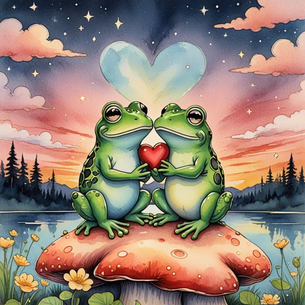 Romantic Frogs on a Sunset Toadstool in Watercolour and Ink