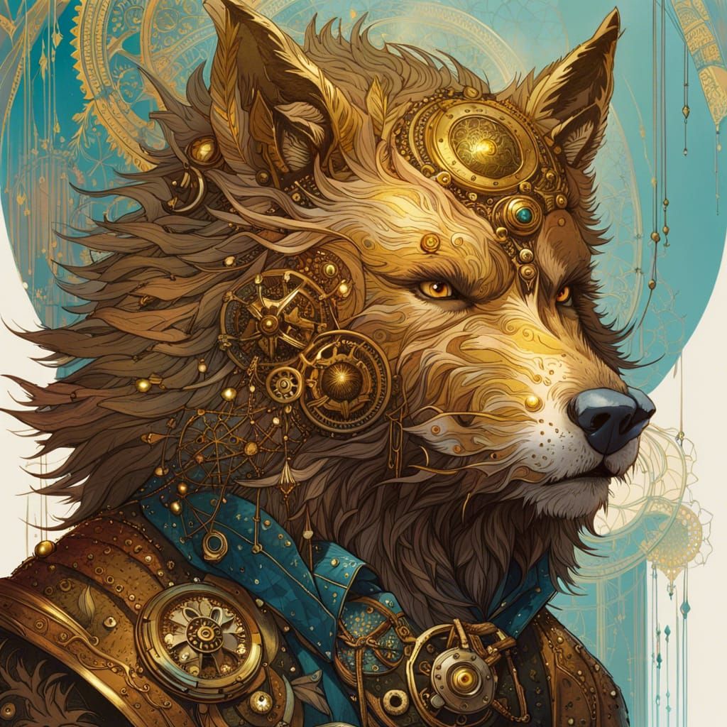 Steampunk Werewolf with Golden Outlines Digital Painting