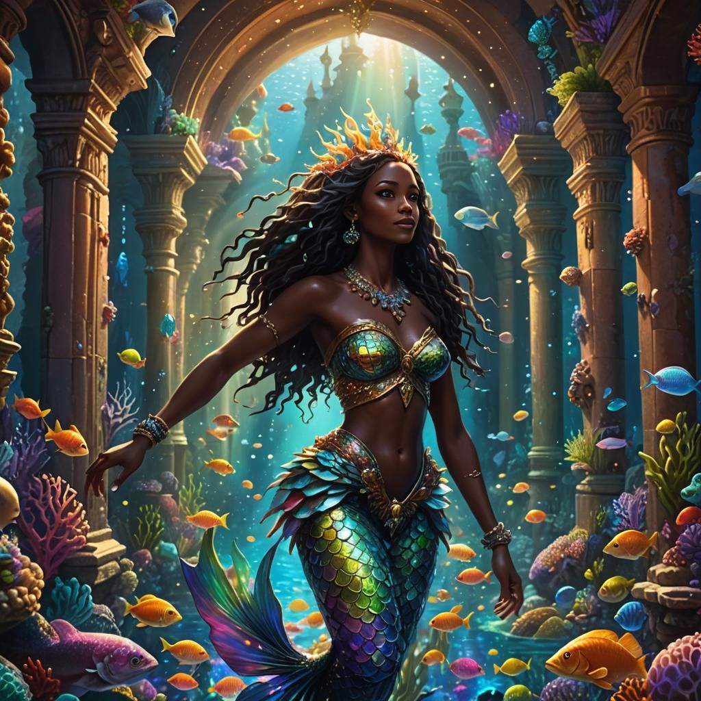 Fantastical Mermaid in Underwater Castle