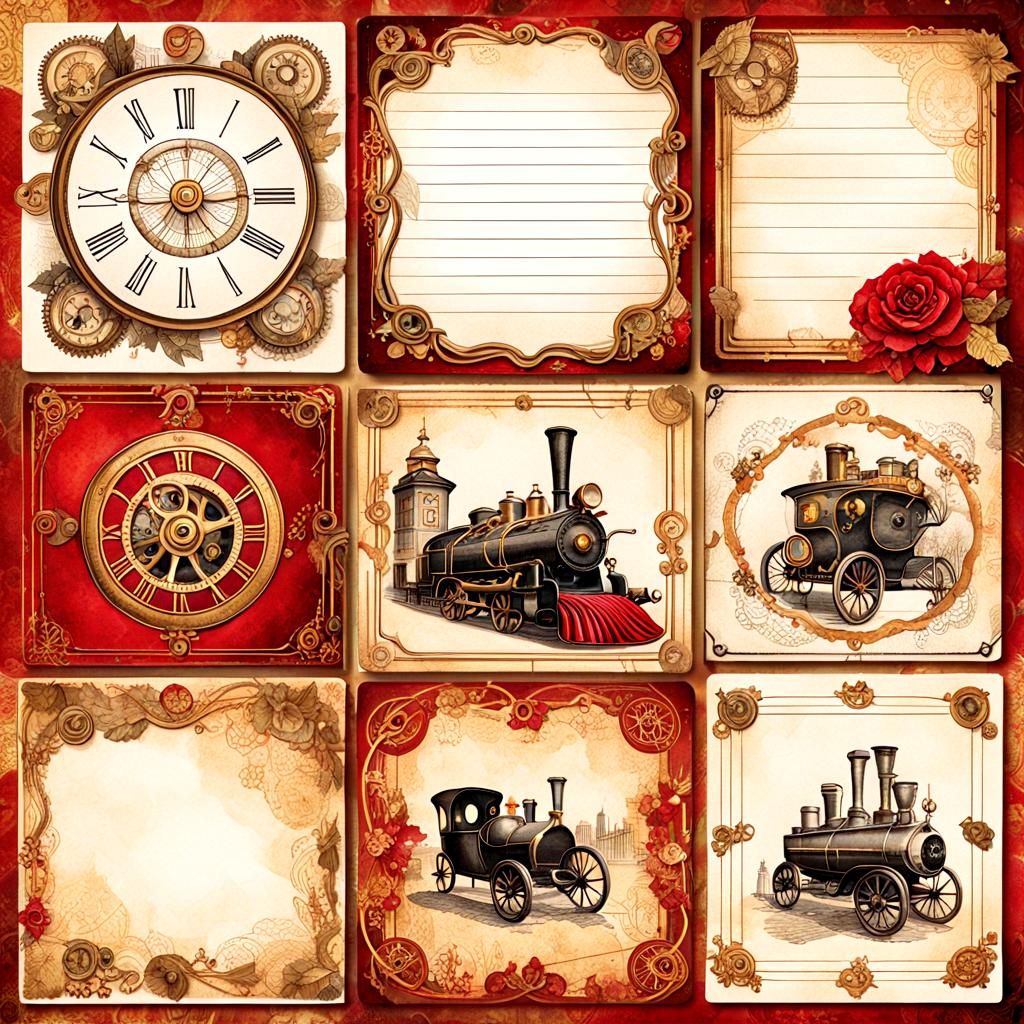 Steampunk Scrapbook Elements in Watercolor Style