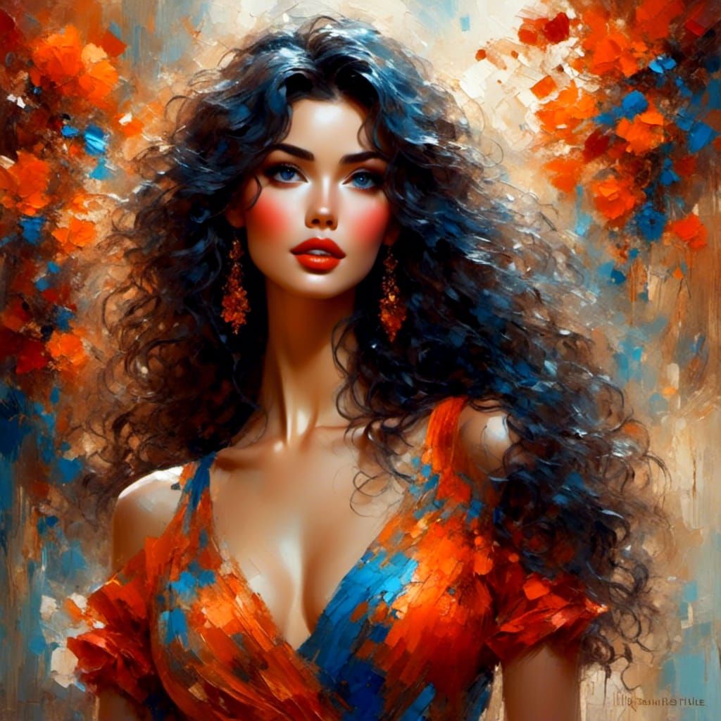 Woman in Orange Dress: Vibrant Digital Impasto Art