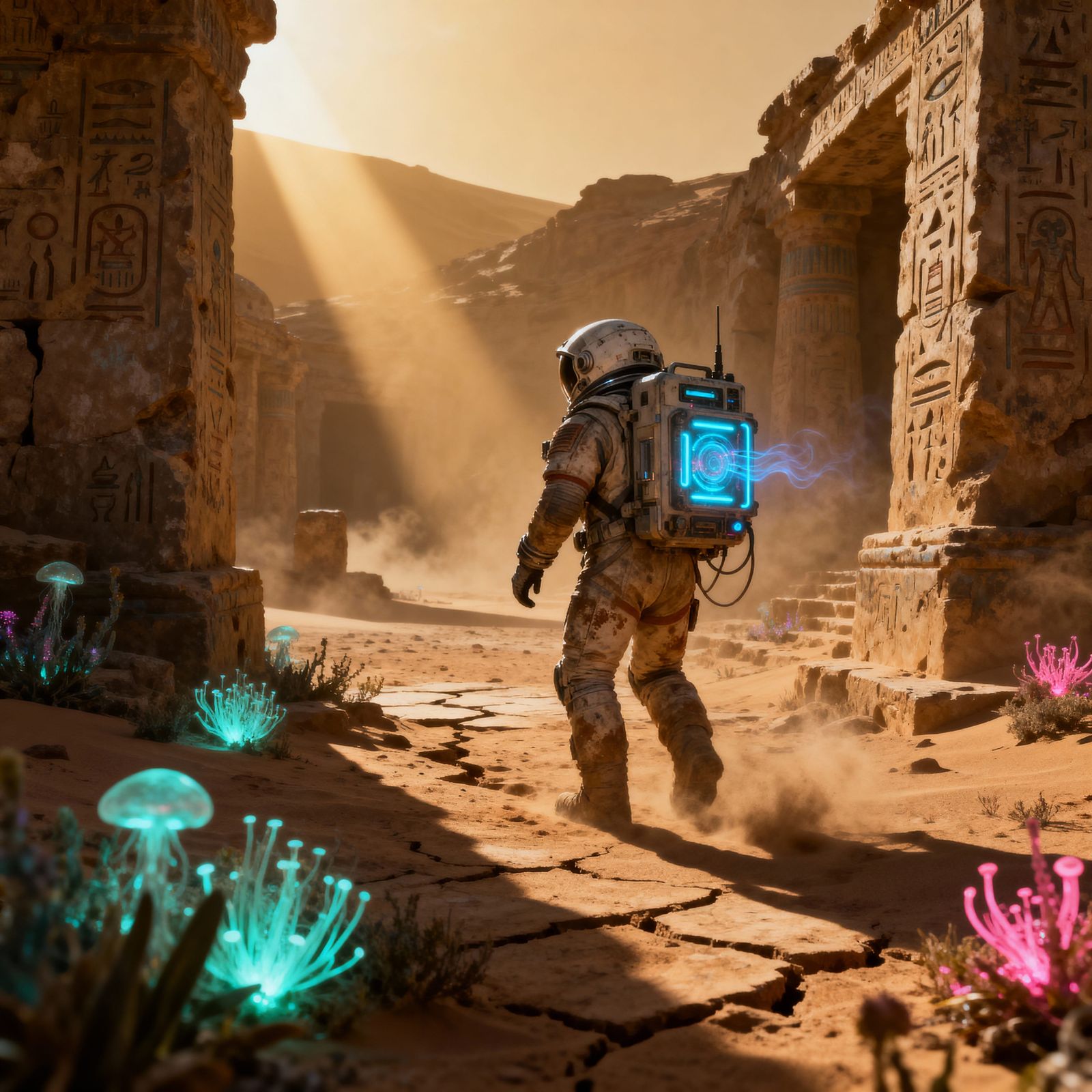 Astronaut Explores Alien Ruins on Desert Planet