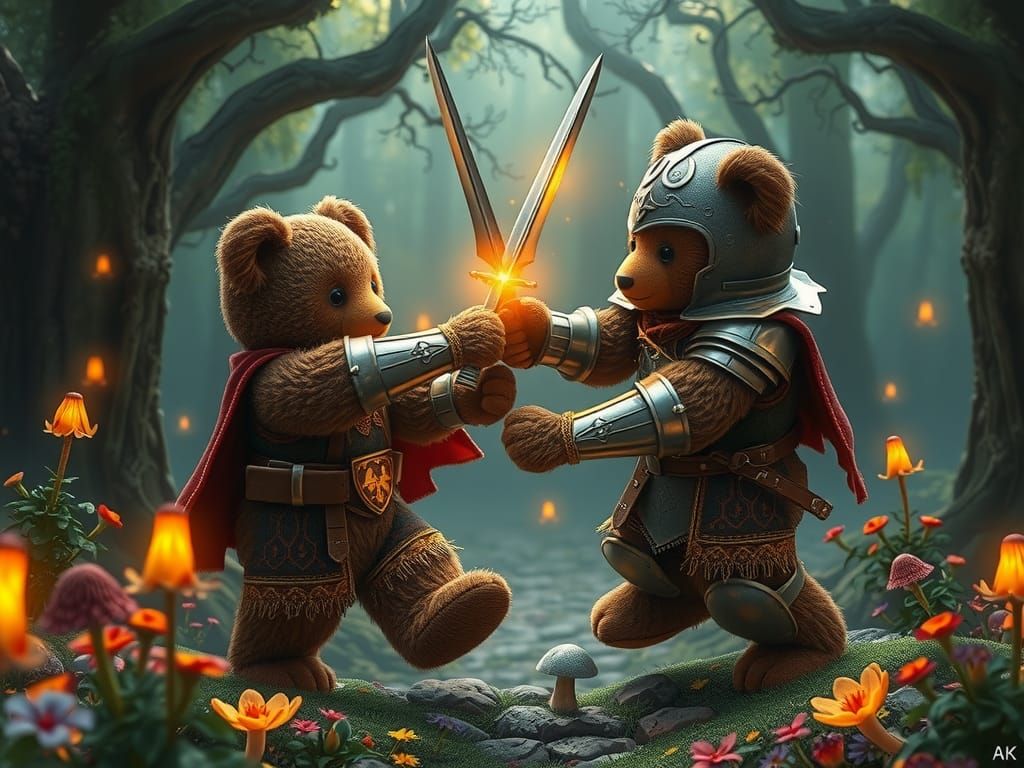 Two teddy bears having a sword fight