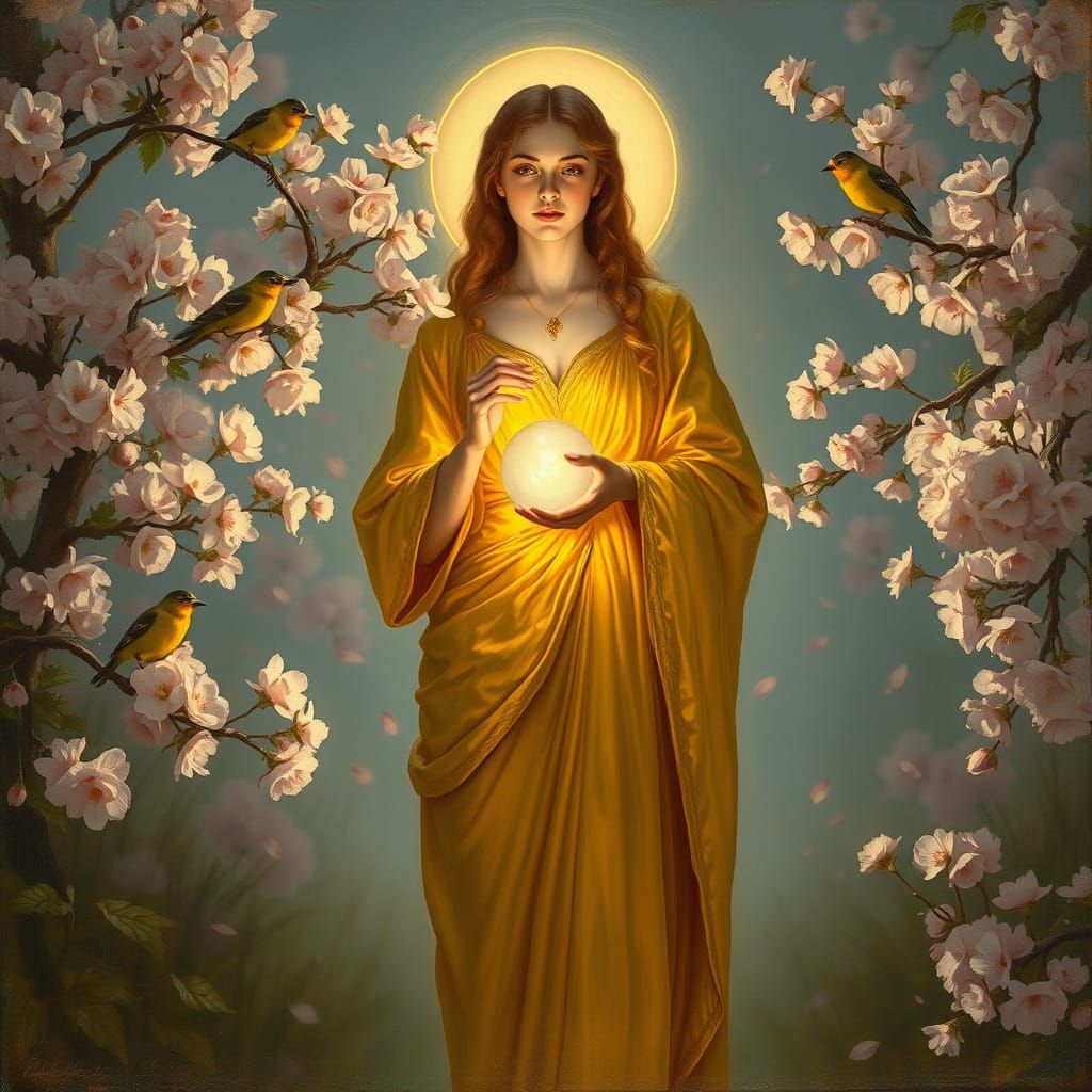 Goddess in Cherry Blossom Garden as Classical Painting