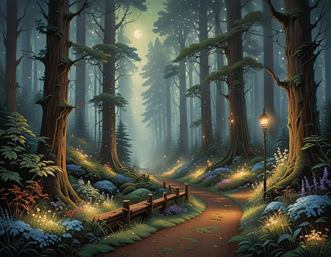 Glowing Crystals Light Redwood Forest Path