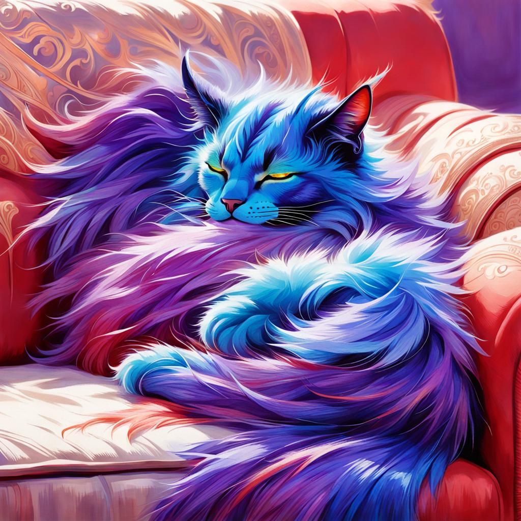 Hybrid Cat Dragon Sleeps on Sofa