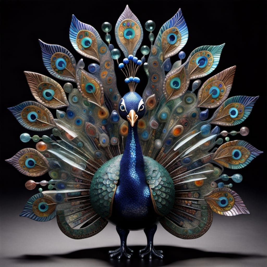 Translucent Glass Peacock Sculpture: Whimsical 3D Artwork