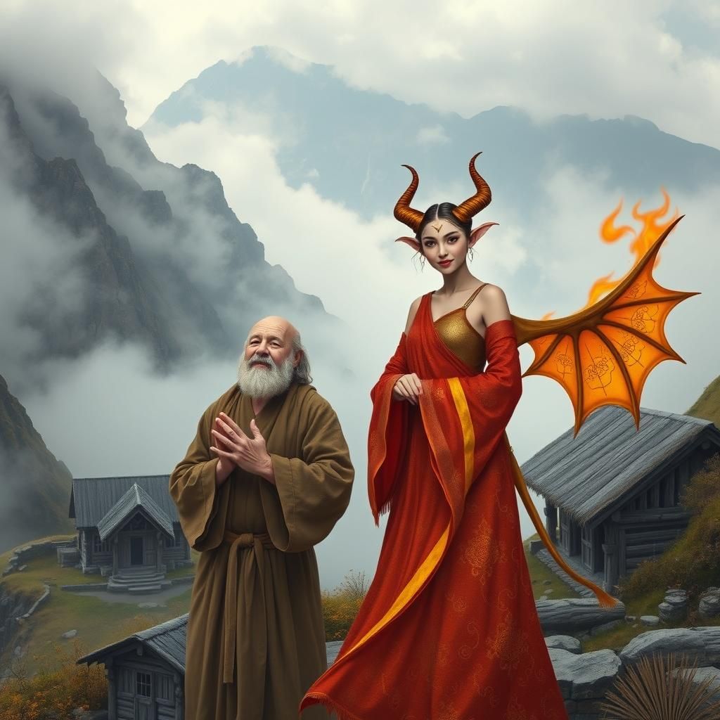 Monk and Demon Praying in Misty Mountains
