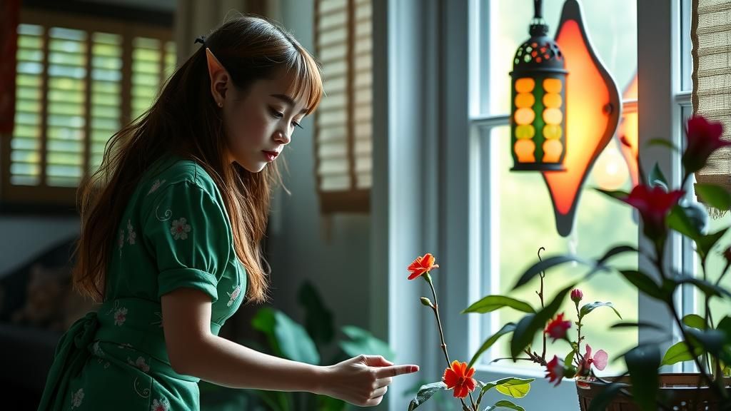 Elf in Green Dress Smelling Flower