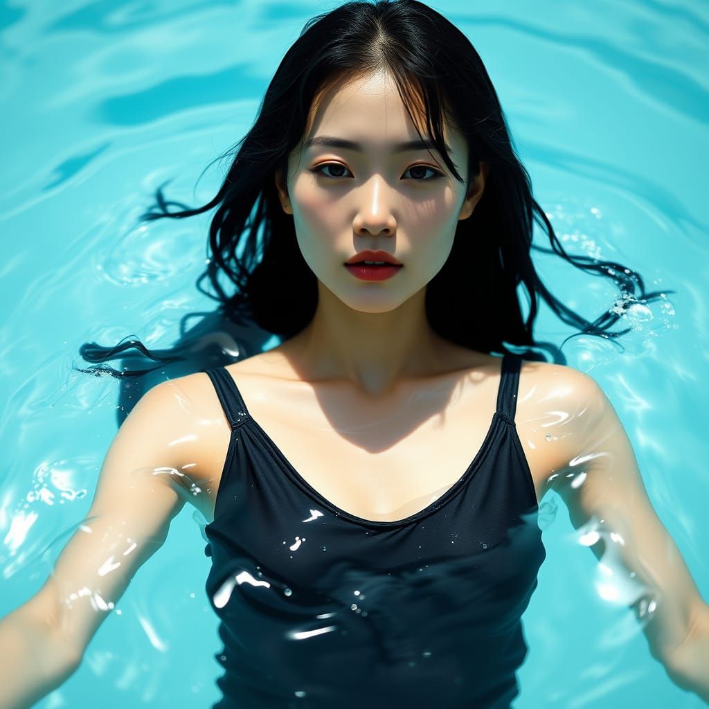 Woman in Black Swimsuit in Turquoise Water