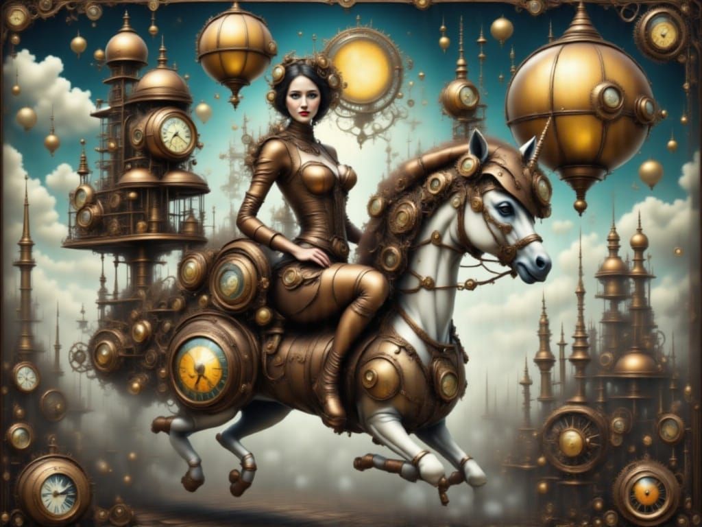 Steampunk Princess on Flying Unicorn Confronts Dragon Knight
