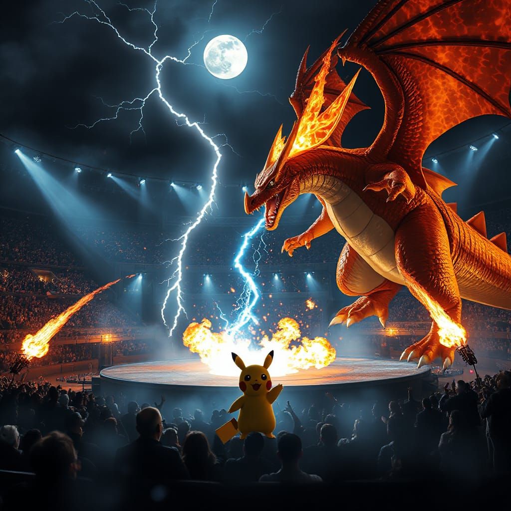 Pikachu Battles Charizard in Electrifying Thunderdome Arena