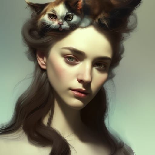 Woman with Cat on Head, Detailed Portrait
