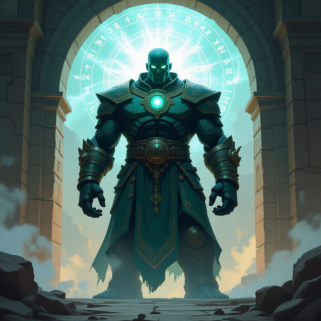 Jade Golem Guarding Portal in Matte Painting Style
