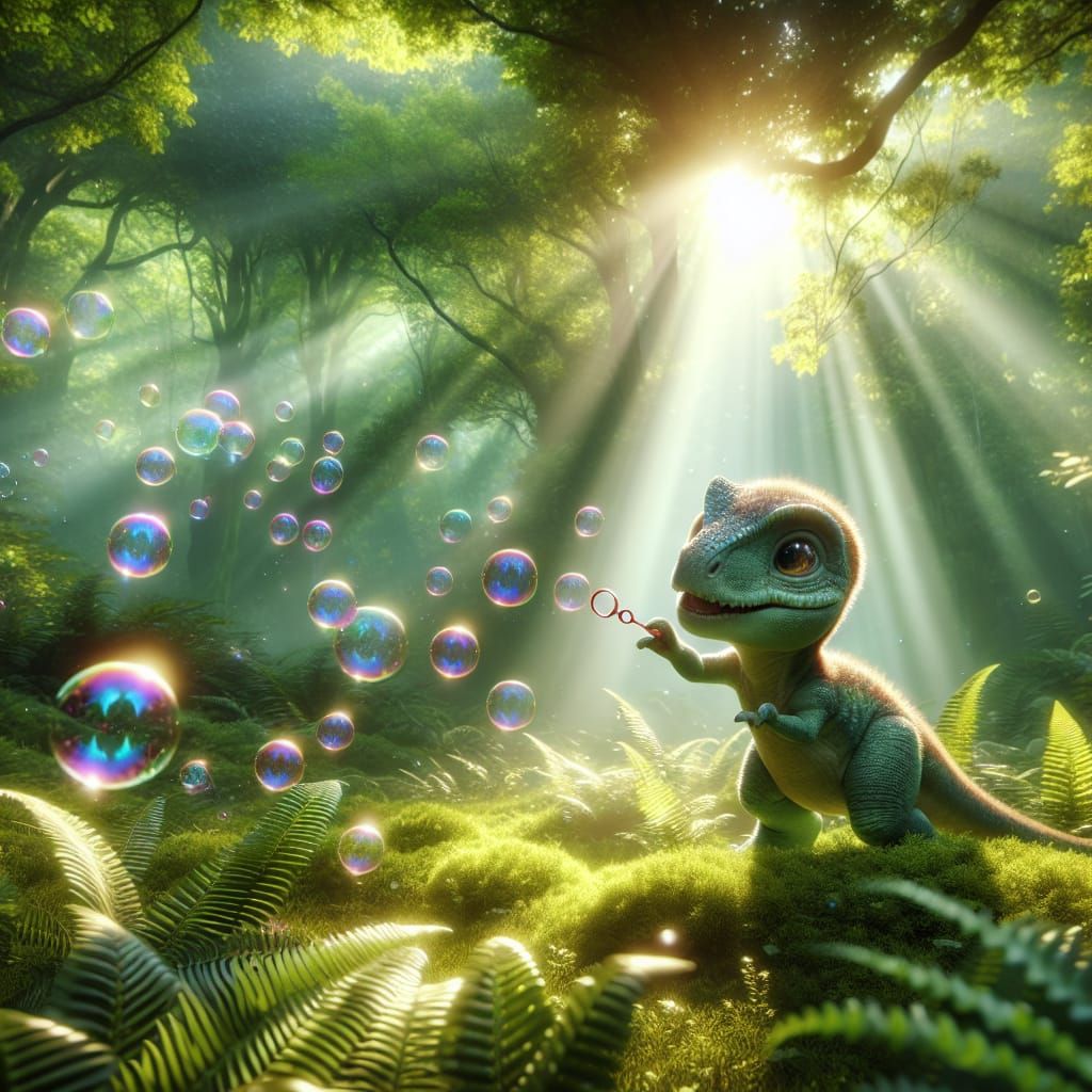 Baby Dinosaur Playing with Bubbles in Forest