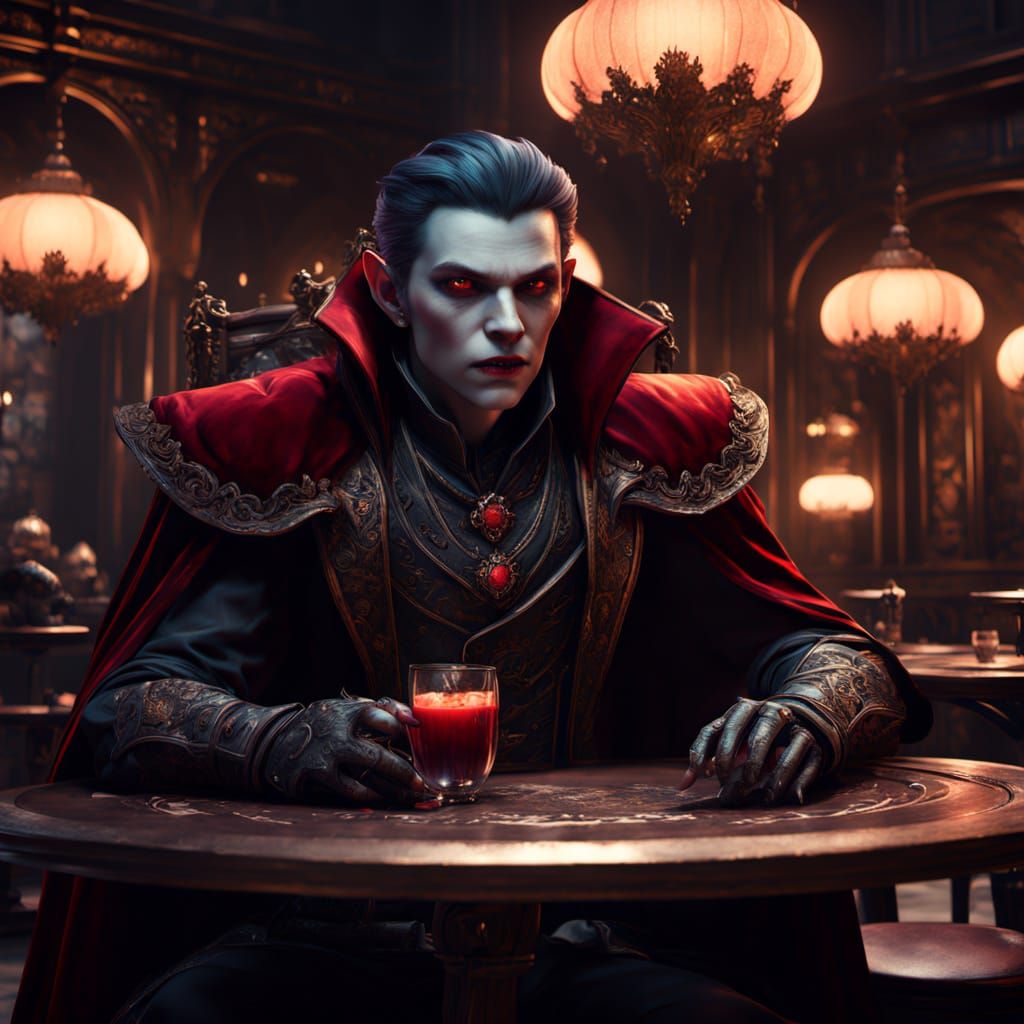 Elegant Vampire Sips Blood in Dark Fantasy Café