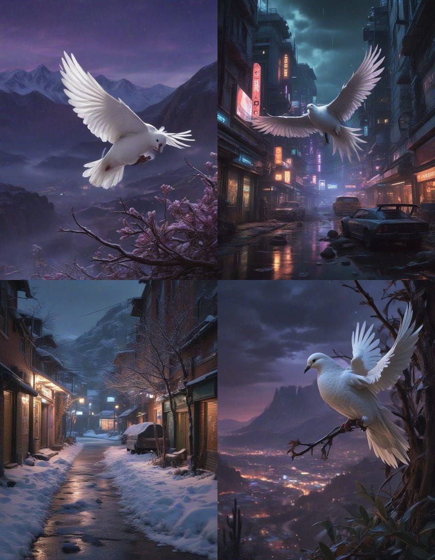 Serene Dove Soars Through Icy Peaks in Cyberpunk Landscape