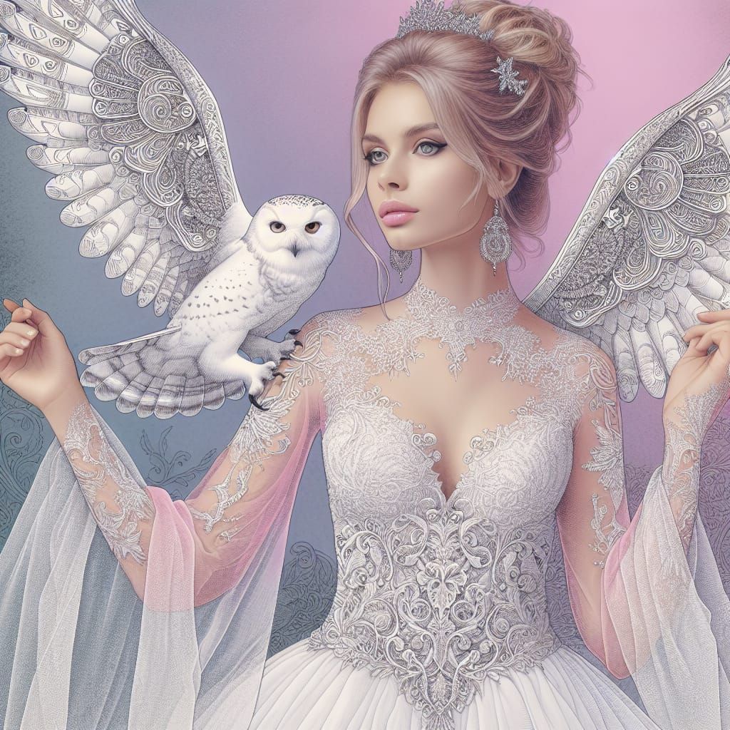 a beautiful fairy in white with filigree wings, her great wh...