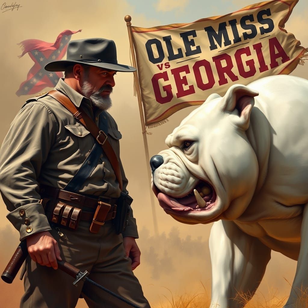 Confederate Soldier Faces Georgia Bulldog in Oil Painting St...