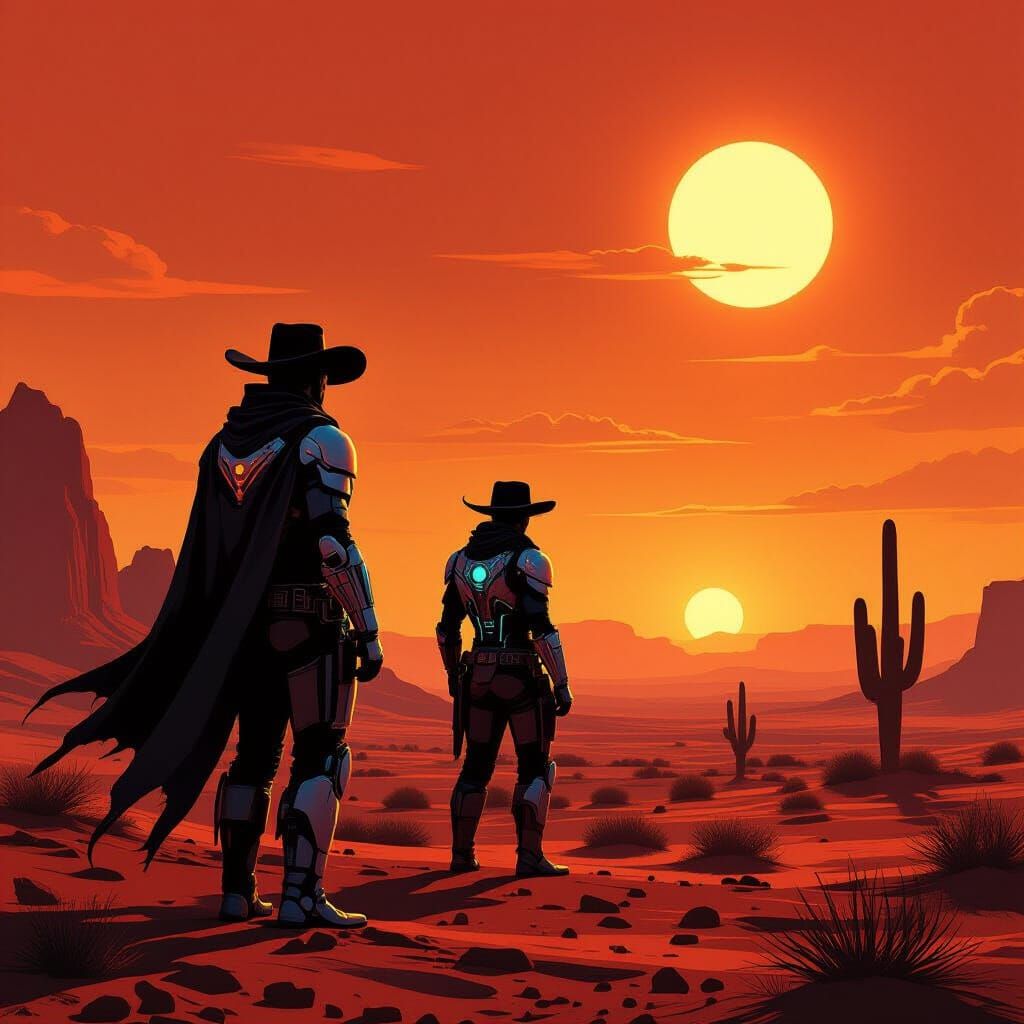 Cybernetic Cowboy on Alien Mars at Sunset