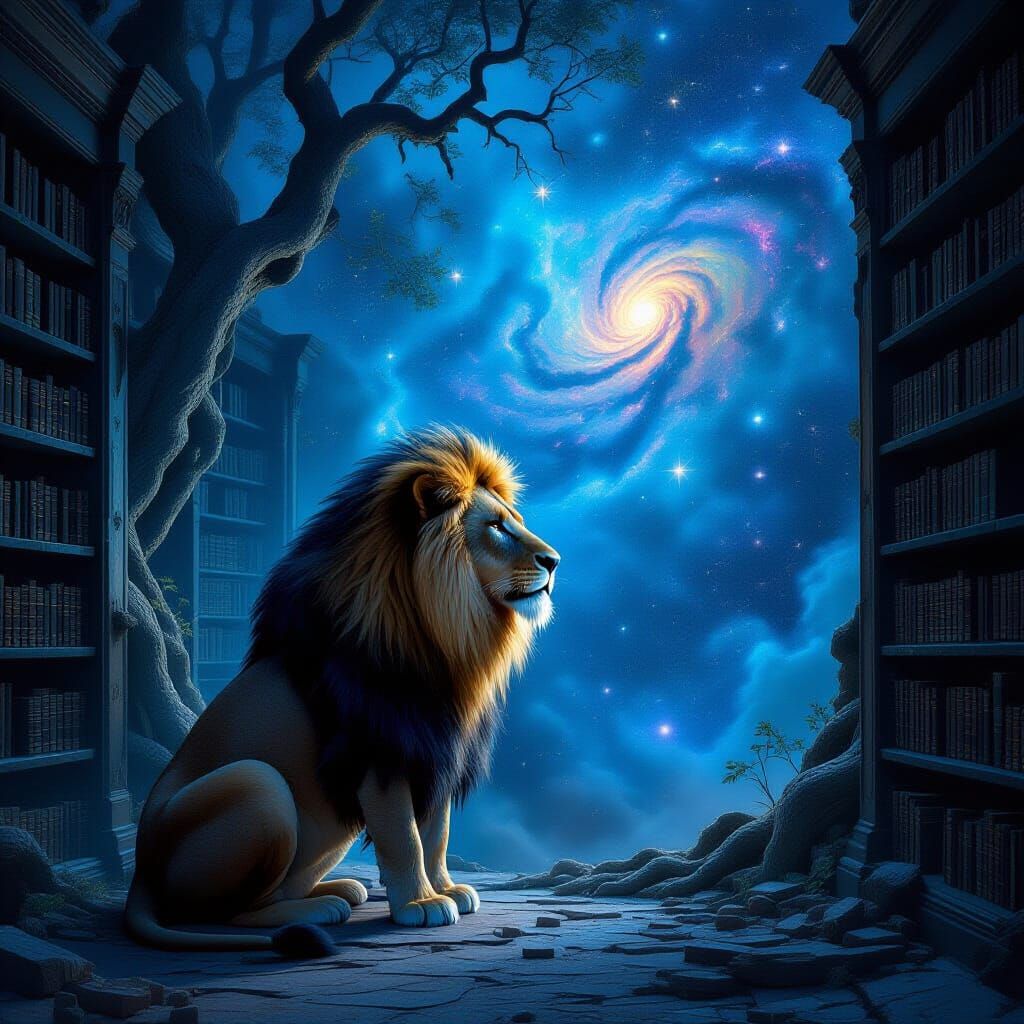 Cosmic Lion Guards Ruined Library in Hyper-Realistic Style