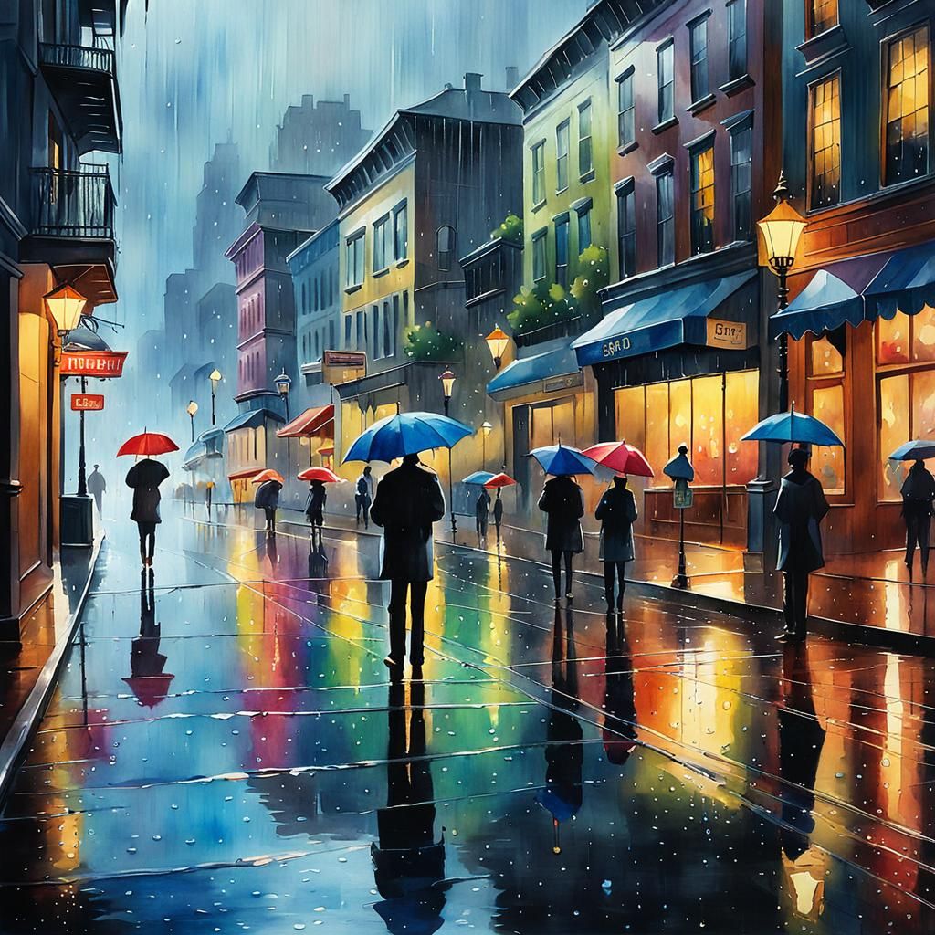 Rainy Street Scene in Watercolor and Gouache