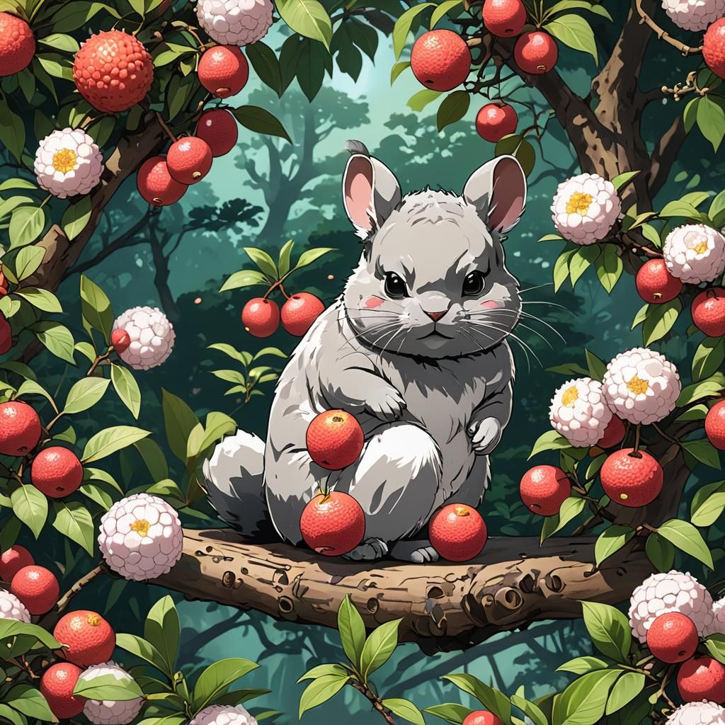 Chinchilla in Japanese Garden with Lychee Fruit