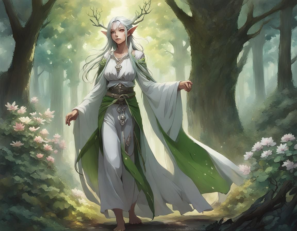 Lush Forest Elf Shaman in Anime Key Visual Style