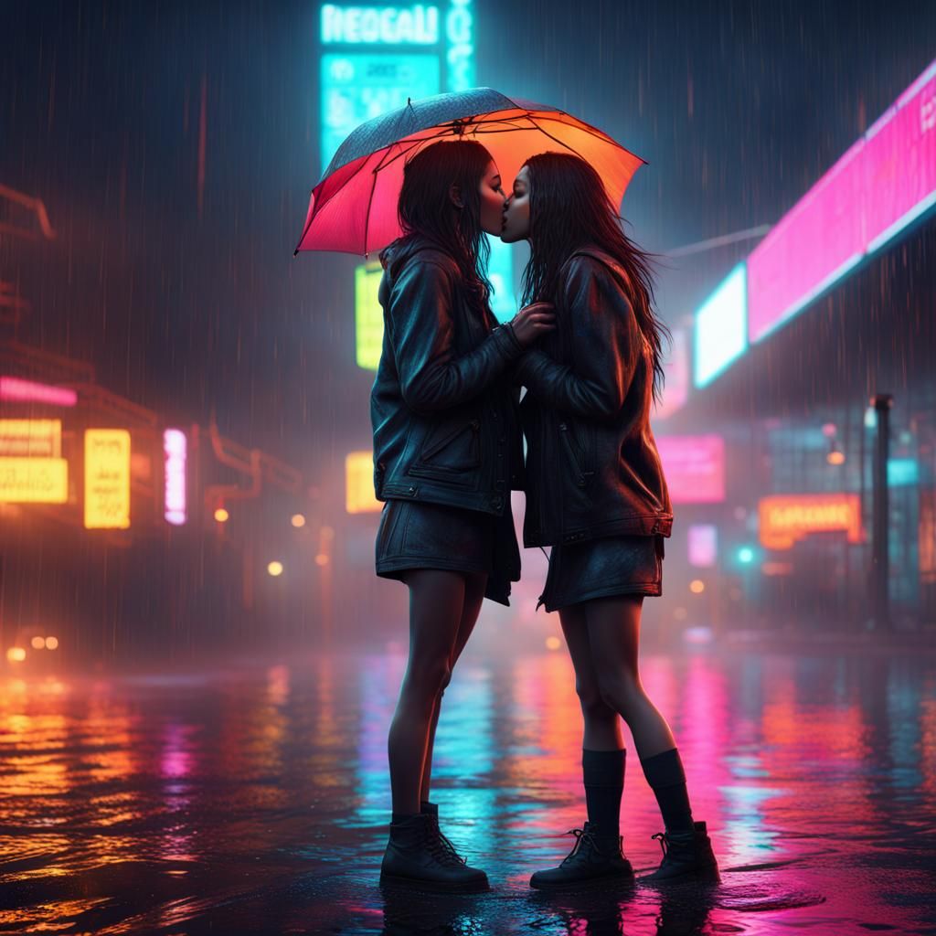 Girls Kissing in Rainy Neon Cityscape