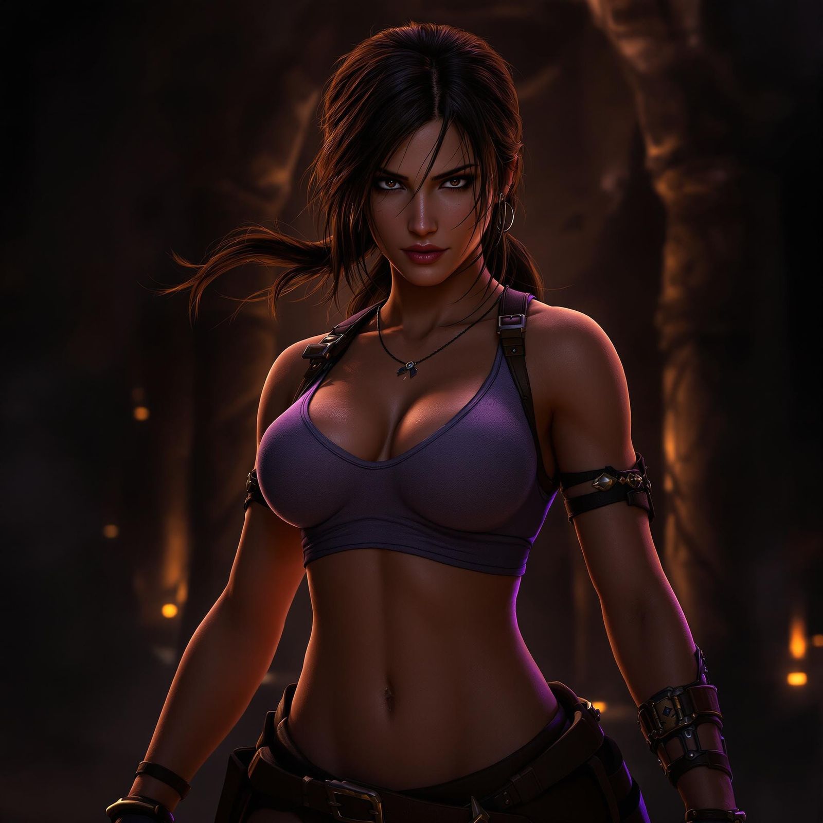 Muscular Lara Croft in a Dark Fantasy Environment