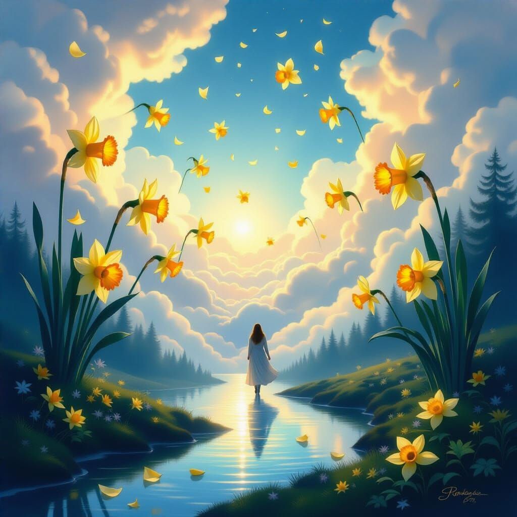 Ethereal Dreamscape with Floating Daffodils and Rivers of Li...