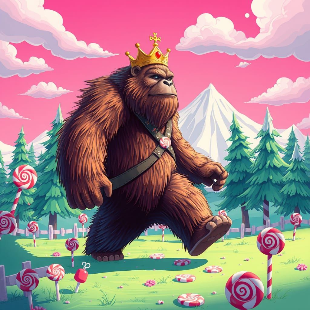 Whimsical Sasquatch in a Vibrant Candy Wonderland