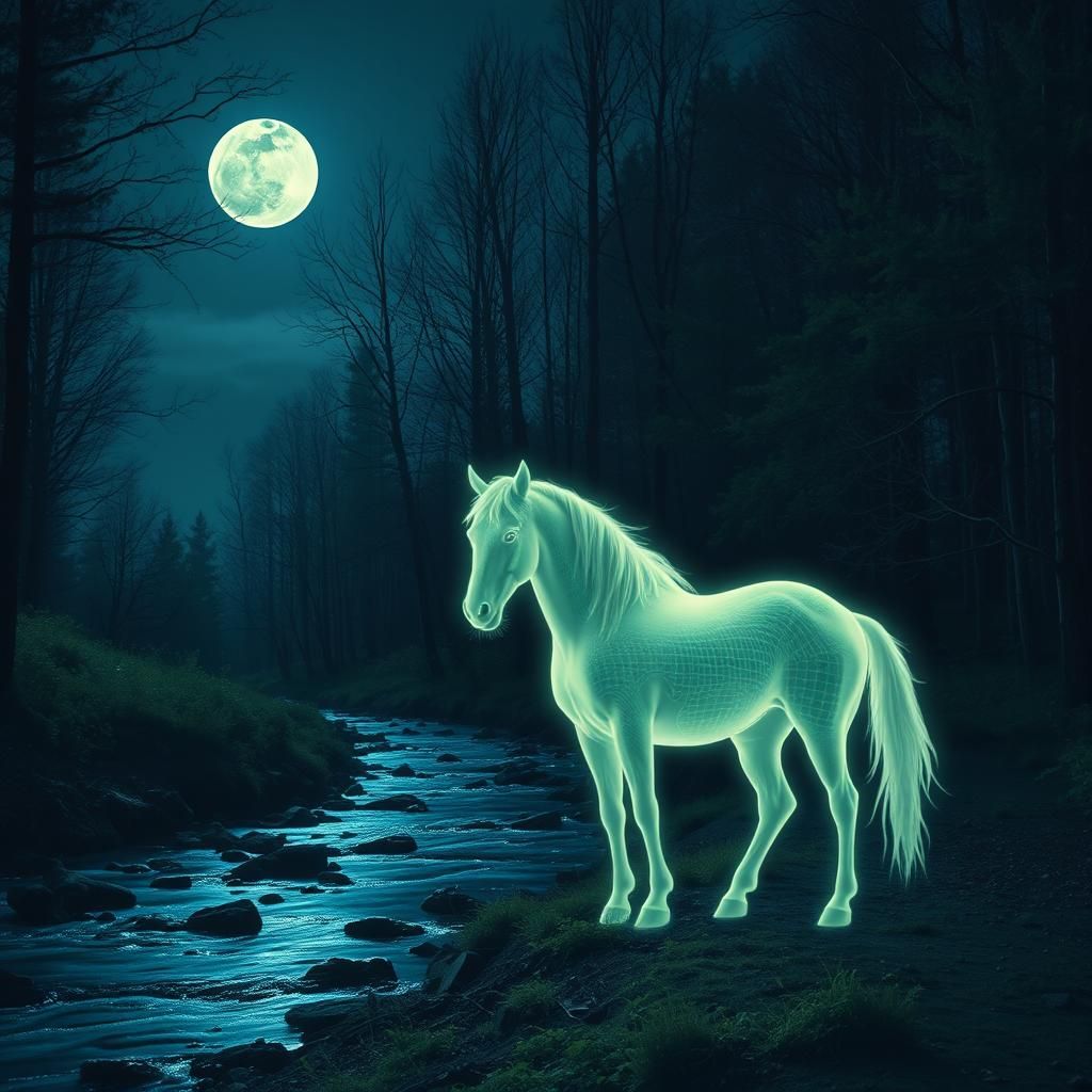 Ethereal Horse by Forest Stream Under Moonlight