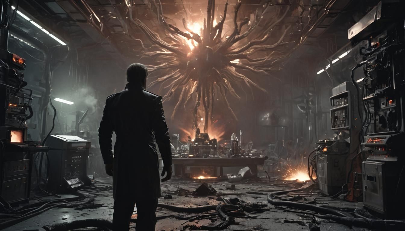 Evil Sci-Fi Villain Revels in Laboratory Destruction