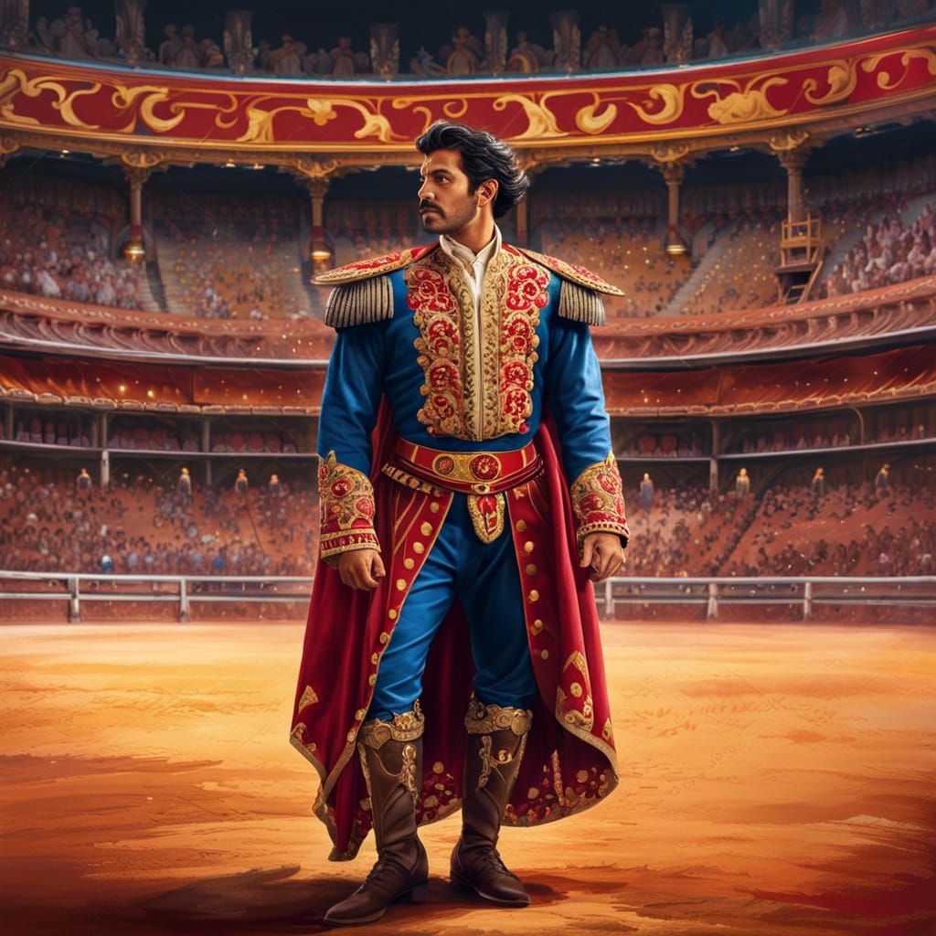 Proud Spanish Torero in Arena: Gouache Painting