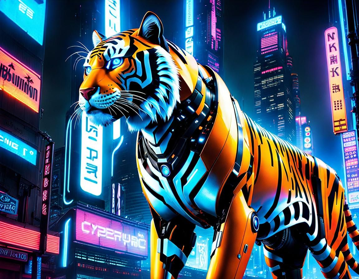 Cyberpunk Robotic Tiger with Bioluminescent Details