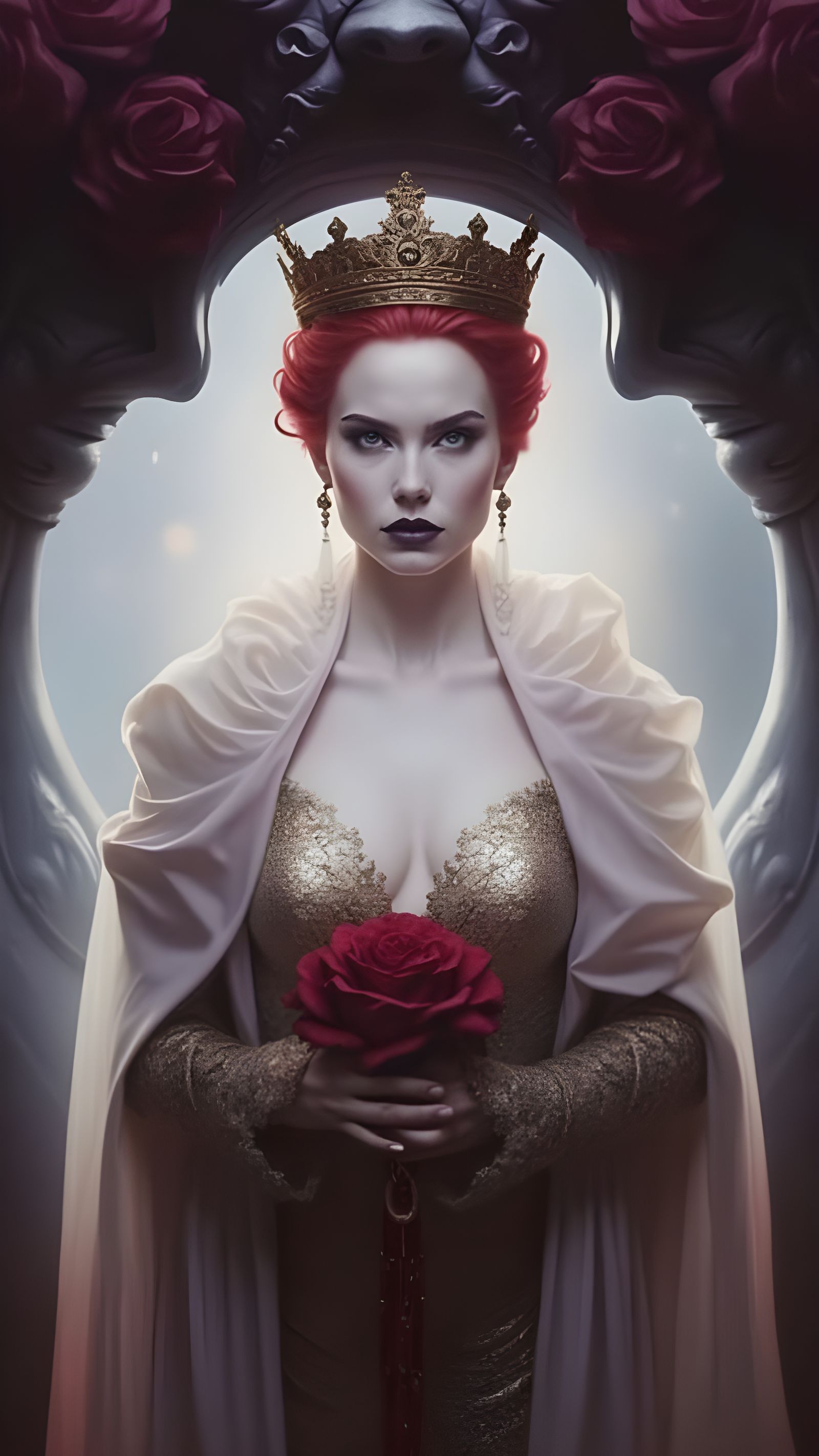 Surreal Goddess in Lavender Dreamscape with Intricate Roses