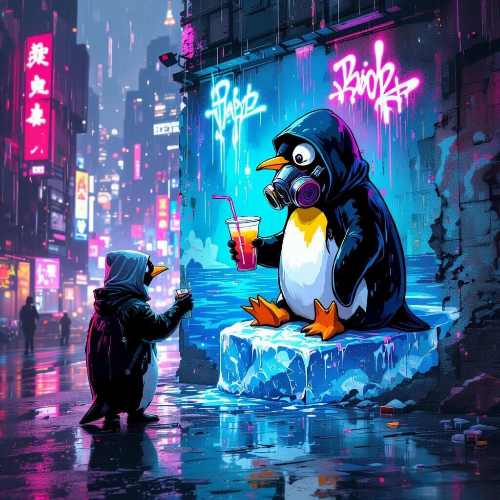 Cyberpunk Penguin Graffiti in Neon Cityscape