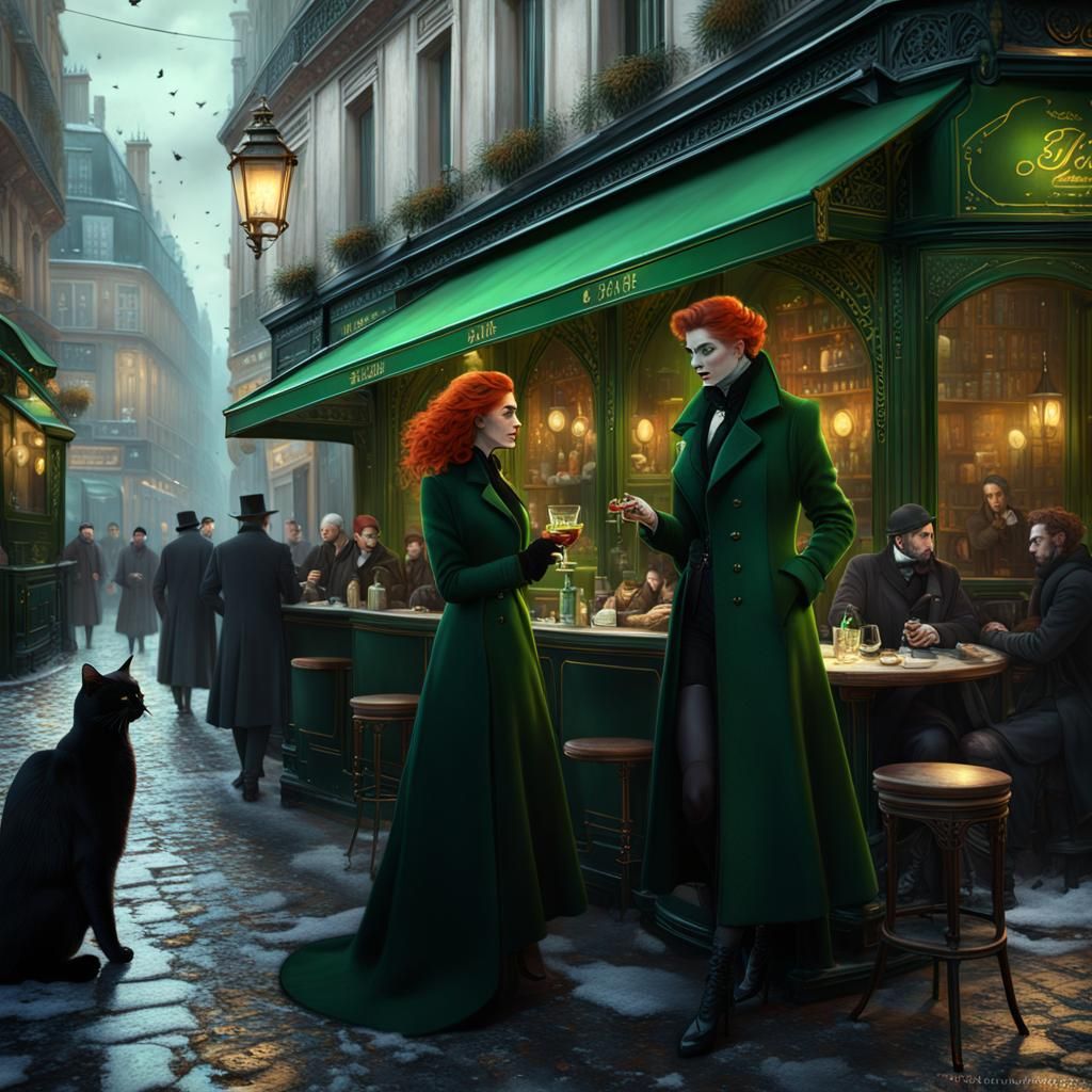 Paris Cafe Winter Scene with Black Cat