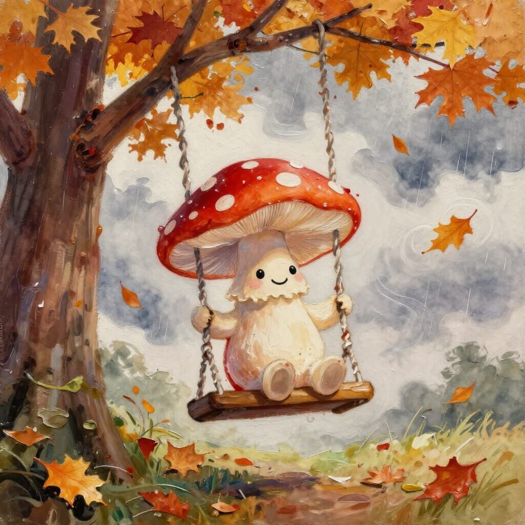 Cute Mushroom Swinging in Autumn Rain