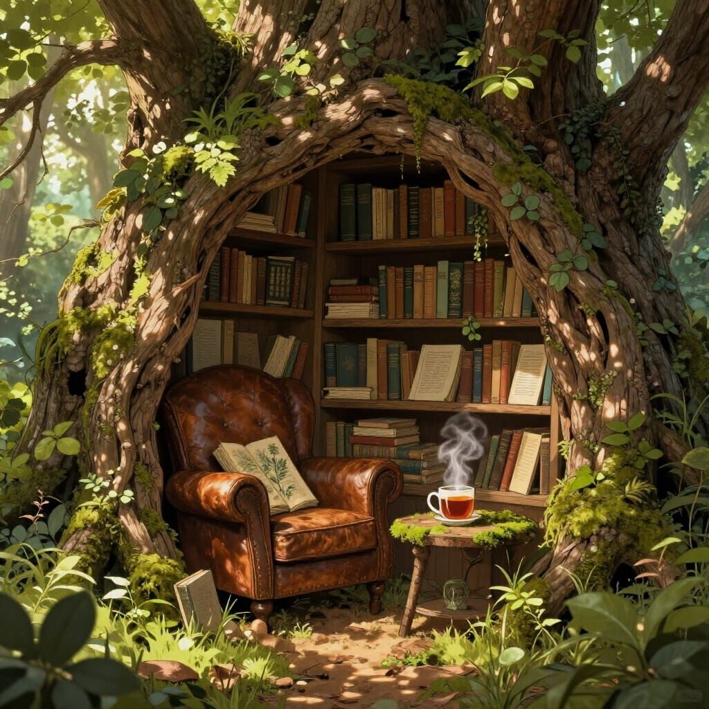 Enchanted Reading Nook in Ancient Tree Hollow