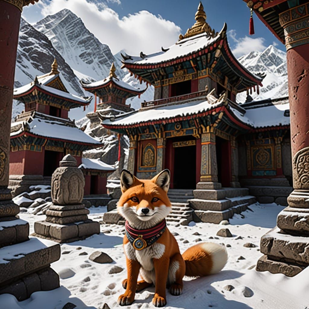 Fox Adventurer Exploring Snowy Tibetan Temple