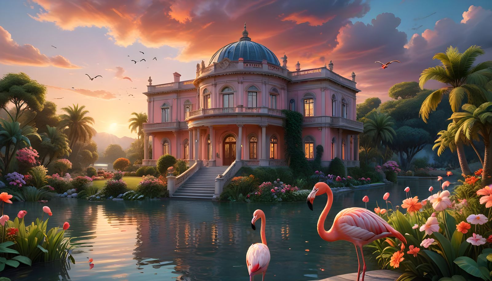 Hyper Realistic Mansion with Flamingos and Serene Landscape