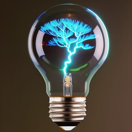 Neon Tree of Light in a Bulb: Digital Illustration