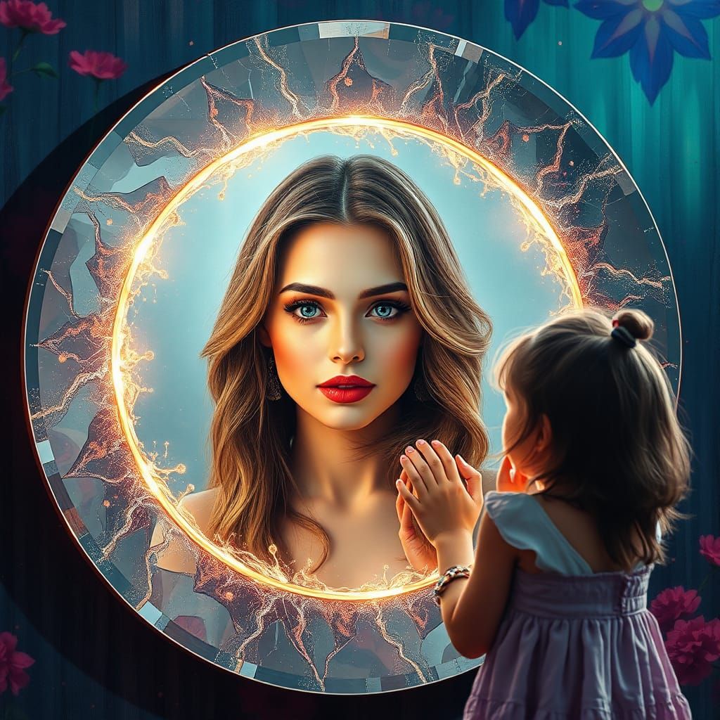 Girl Gazing into a Magic Mirror, Hyperrealistic Art