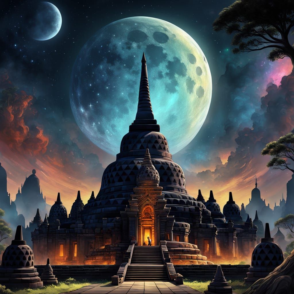Borobudur Temple Under Galaxy in Cosmic Art Style