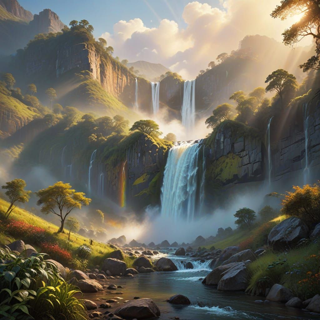 Impressionist Waterfall Landscape with Golden Light