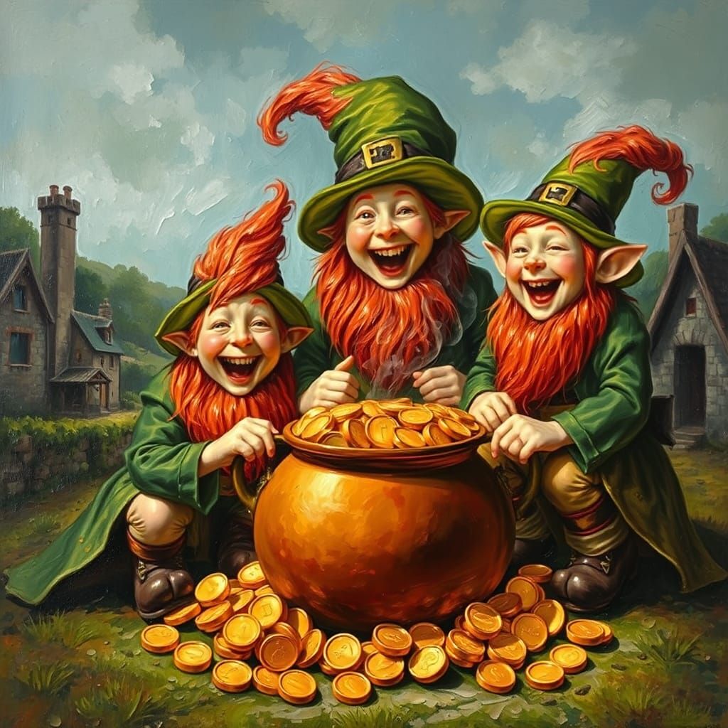 Laughing Leprechauns with Gold Coins as Impasto Painting