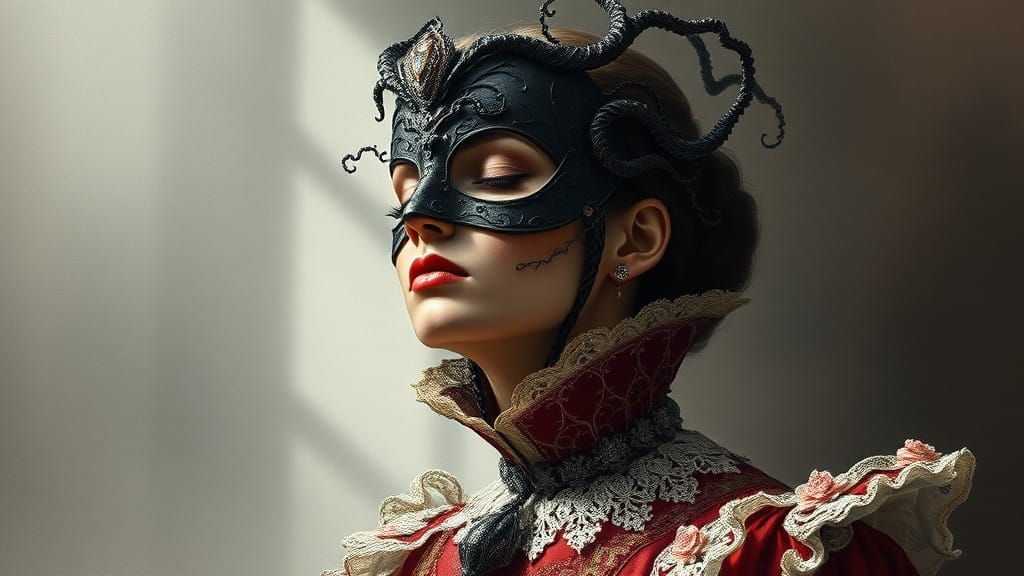 Regal Watercolor Portrait with Dark Fantasy Mask and Gothic....