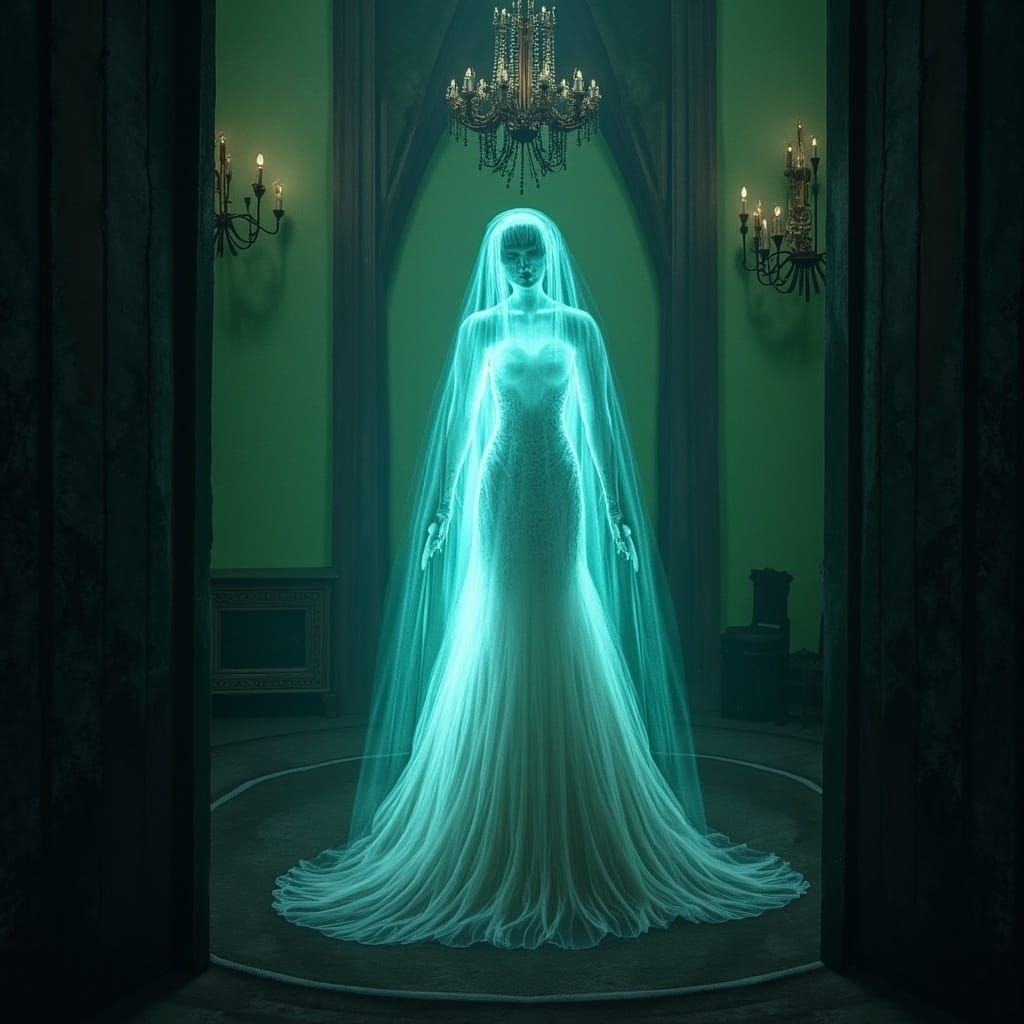Ethereal Ghost Bride in Haunted Mansion: Digital Illustratio...